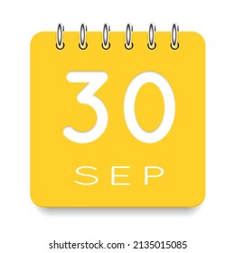 30 day of the month. September. Cute yellow calendar daily icon. Date day week Sunday, Monday, Tuesday, Wednesday, Thursday, Friday, Saturday. Cut paper. White background. Vector illustration.