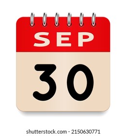 30 day of the month. September. Flip old formal calendar. 3d daily icon. Date. Week Sunday, Monday, Tuesday, Wednesday, Thursday, Friday, Saturday. Cut paper. White background. Vector illustration.