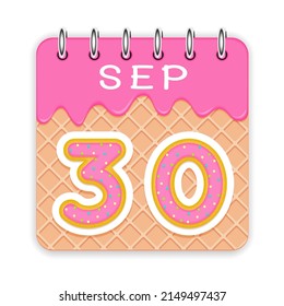 30 day of a month. September. Waffle cone calendar with melted ice cream. 3d daily icon. Date. Week Sunday, Monday, Tuesday, Wednesday, Thursday, Friday, Saturday. White background Vector illustration