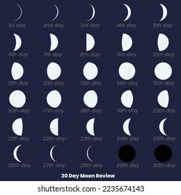 30 Day Moon Review. Moon phases astronomy icon set, Vector Illustration. Isolated outline symbols. Dark navy blue background.