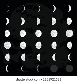 30 Day Moon Review. Moon phases astronomy icon set, Vector Illustration. Isolated outline symbols. Dark navy blue background.Vector Formats