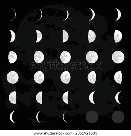 30 Day Moon Review. Moon phases astronomy icon set, Vector Illustration. Isolated outline symbols. Dark navy blue background.Vector Formats