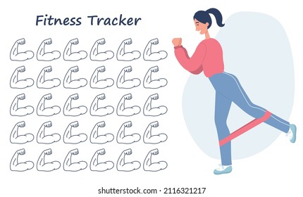 30 day sport challenge. Fitness tracker. Young girl working out with resistance band loop. Strength training routine at home. 
