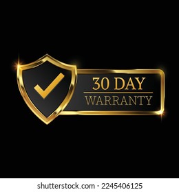 30 day warranty logo with golden shield and golden ribbon.Vector illustration.