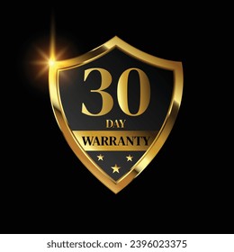 30 day warranty logo with golden shield and golden ribbon.Vector illustration.