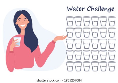 30 day water challenge. Young girl holds a glass of water. Flat vector illustration on a white background.