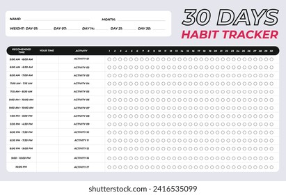 30 days activity habit tracker, 1 month weight lose challenge daily tracking template diary journal planner table bullets and time vector design fitness fat gain goal list printable page horizontal