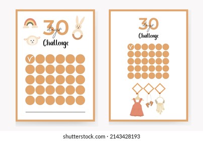 30 days challenge, children's, boho style. vector illustration, with elements of a hanger with children's cute clothes, a hare, a rainbow, a rattle and others