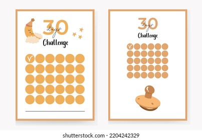 30 days challenge, children's, boho style. vector illustration, with moon and pacifier and stars.