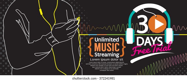 30 Days Free Trial Music Streaming 1500x600 Banner Vector Illustration