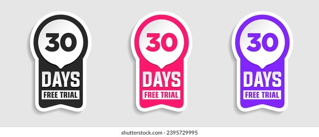 30 days Free trial on white background. Product advertising. Web design. Vector stock. Symbols, signs. illustration.