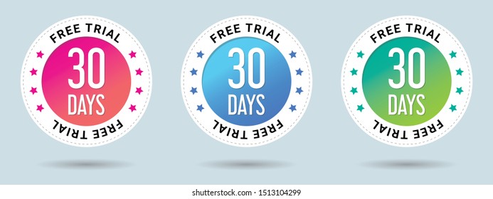 30 Days Free Trial stamp vector illustration.  Free trial badges. Vector certificate icon. Vector combination for certificate in flat style. Set of 3 beautiful color gradients.
