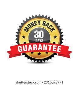 30 days golden color money back guarantee badge with red color ribbon isolated on white background. Vector illustration.