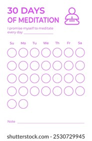 30 days meditation planner. Checklist template.