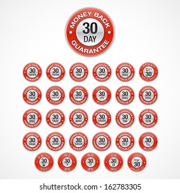 30 Days Money Back Guarantee badges icons in 30 languages (eng, he, ar, th, tr, es, sv, sl, sk, ru, ro, pt, pb, pl, no, it, hu, hi, el, de, fr, fi, nl, da, cs, hr, zh, zg, ko, ja).