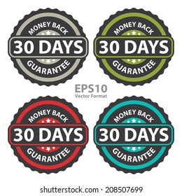 30 Days Money Back Guarantee on Vintage, Retro Sticker, Badge, Icon, Stamp Isolated on White, Vector Format