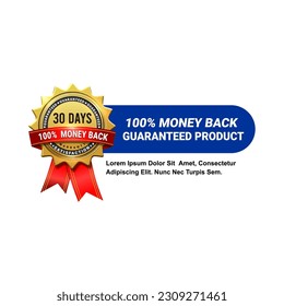 30 days warranty golden label with ribbon. Vector illustration.