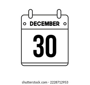 icono del calendario del 30 de diciembre. Vector blanco y negro para los días del mes de diciembre