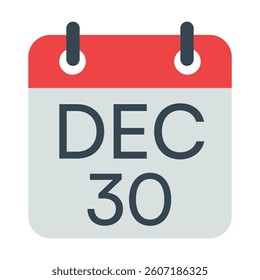 30 December Calendar Icon, Isolated Vector Calendar Icon.