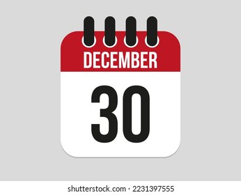 30 December calendar icon. Calendar template for the days of december. Red banner for dates and business