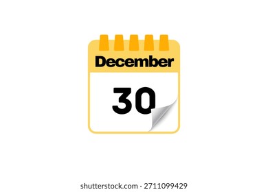 30 December calendar icon text page monthly web design on white, black and yellow background vector, icon, or illustration with the month of December 30