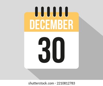 30 December calendar vector icon. Yellow december date for the days of the month and week
