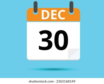 30 December. Flat icon calendar isolated on blue background. Vector illustration.