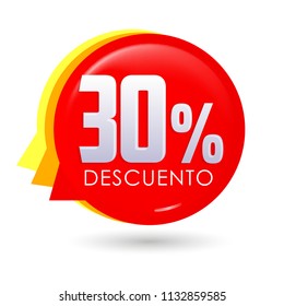 30% Descuento, 30% discount spanish text, bubble sale tag vector illustration, Offer price label.