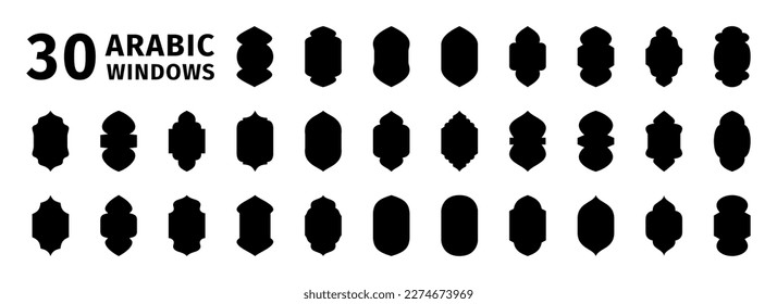 30 different windows arabic frame set. Traditional islamic arches. Arabic windows arches different shapes for muslim architecture.