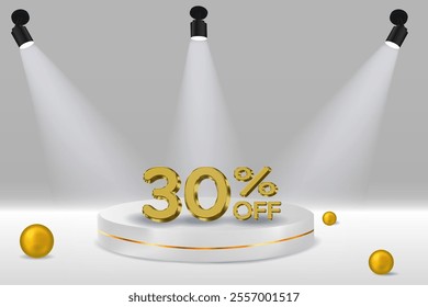 30% discount. 3D realistic golden number. white podium. Golden numbers. Template for products, advertising, web banners, flyers, certificates and postcards. Vector.