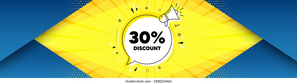 30% Discount. Background with offer speech bubble. Sale offer price sign. Special offer symbol. Best advertising coupon banner. Discount badge shape message. Abstract yellow background. Vector
