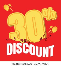 30% discount badge in gold coin style, set against a bold red background with crack and shake effects, creating an eye-catching, energetic look for promotions.