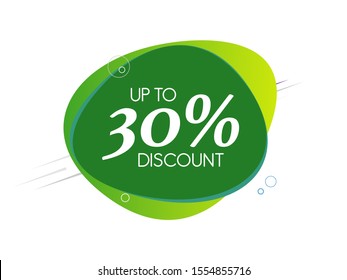 Up to 30% Discount. Banner text shape. Sale offer price sign. Special offer symbol. Save 30 percentages. Discount tag text. Gradient shape badge.