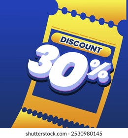 30% desconto cupom design com texto 3D em um fundo azul e amarelo dinâmico. Perfeito para promover ofertas especiais e eventos de vendas.