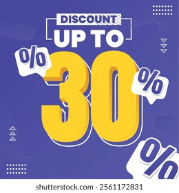 30% Discount Design with Bold Yellow Typography, Playful Percent Signs, and Modern Abstract Patterns. Perfect for grabbing attention and boosting engagement!