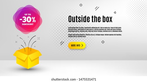 Up to 30% discount off badge. Abstract background. Sale banner shape. Coupon label icon. Outside the box concept. Banner with offer badge. Vector