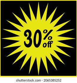 30% de descuento fuera de , Viernes Negro, descuentos en viernes negro, números con descuentos minoristas y de tiendas, icono amarillo y fondo negro, icono de explosión amarillo con reducción de precios