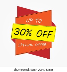 30% discount offer tag in red, orange and yellow. Special offer badge.