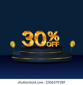 30% discount. Discount on creative composition. 3D sale symbol with decorative objects, golden confetti, podium. 30 percent. Sale banner and poster. Vector illustration..