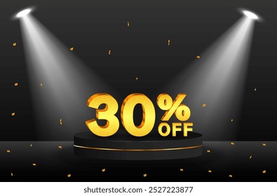 30% discount. Discount on creative composition. podium with golden confetti. Sale banner and poster. Vector illustration..