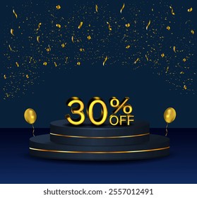 30% discount. podium with golden numbers and confetti. Discount on creative composition. Sale banner and poster. Vector illustration..