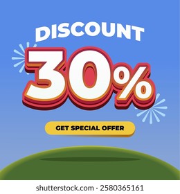 30% Discount Promotional Banner with 3D Text, Fireworks, Blue Gradient Background, and a Special Offer Button on a Green Hill with Eye catching Sale Advertisement Design