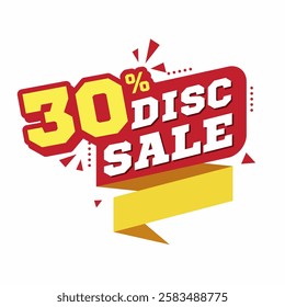 30% Discount Sale Banner with Bold 3D Text, Red and Yellow Color Scheme, and Modern Promotional Design for Special Offers and Discounts