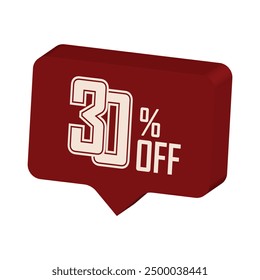 30% discount sale sign. Red on white background. Vector illustration