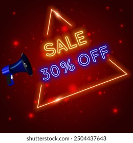 30% discount. Special mega sale offer, neon 30% off. Signage promotion. neon style..