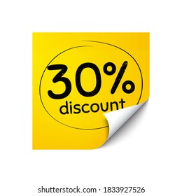 30 % Rabatt. Aufklebernotiz mit Angebotsnachricht. Preisschild für den Verkauf. Sonderangebot-Symbol. Gelber Aufkleber. Rabattmarkierung Notiz abschicken. Adhesive Angebot Papier Blatt. Vektorgrafik