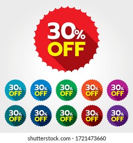 30% discount sticker. 30% off sale multi-color tag isolated vector illustration. Discount price label. Symbol for advertising campaign in retail. 30% discount sale promo.