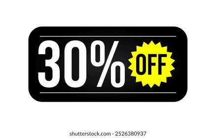 30% discount tag, black, white and yellow rectangular shape, perfect for marketing promotions, commerce and retail sales