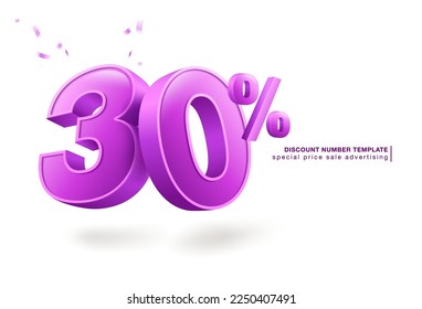 Plantilla de descuento del 30%, letras 3D, utilizada para anuncios promocionales en ventas especiales. Aislado sobre fondo blanco. Archivo vectorial realista.