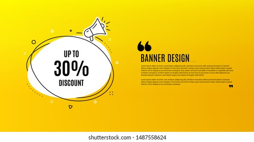 Up to 30% Discount. Yellow banner with chat bubble. Sale offer price sign. Special offer symbol. Save 30 percentages. Coupon design. Flyer background. Hot offer banner template. Vector